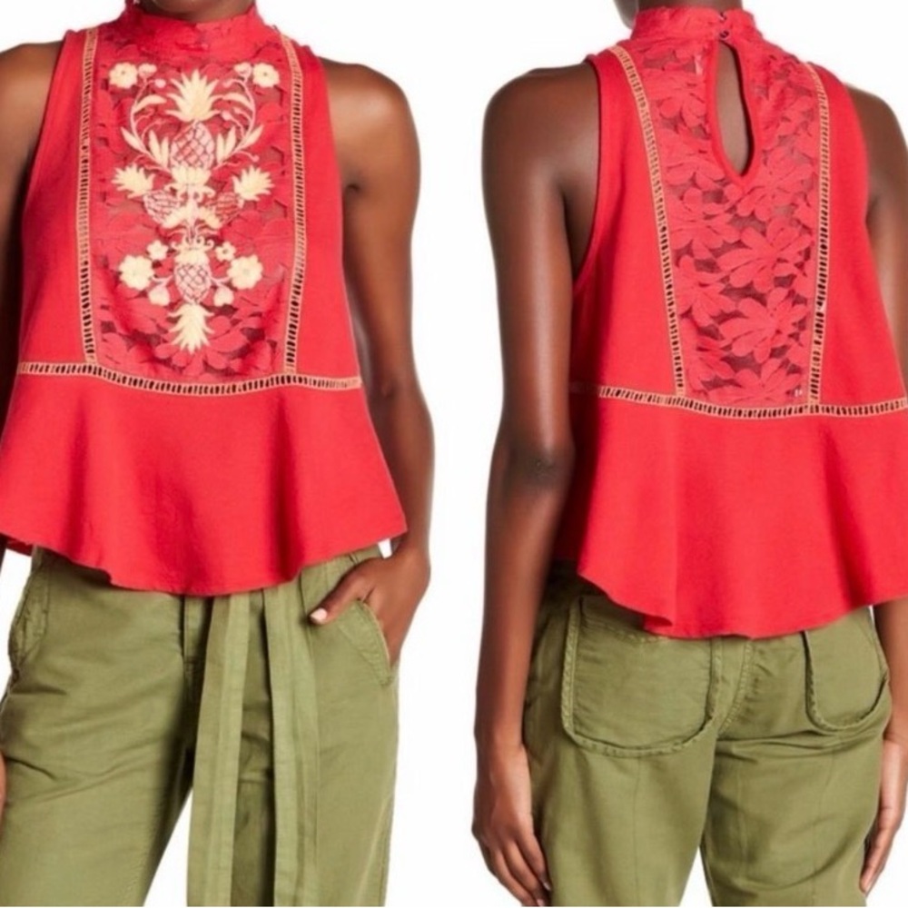 Free People Flora Lace Embroidered Peplum Tank Red Boho Top Women’s L